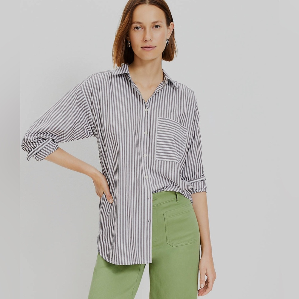 LOFT Striped Everyday Oversized Pocket Shirt, SZ XSM